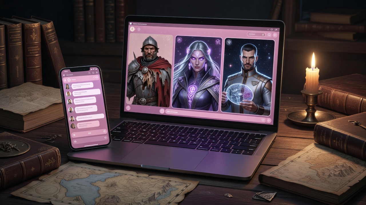 Best AI chatbot for roleplay comparison: laptop and phone showing AI roleplay chat with fantasy characters